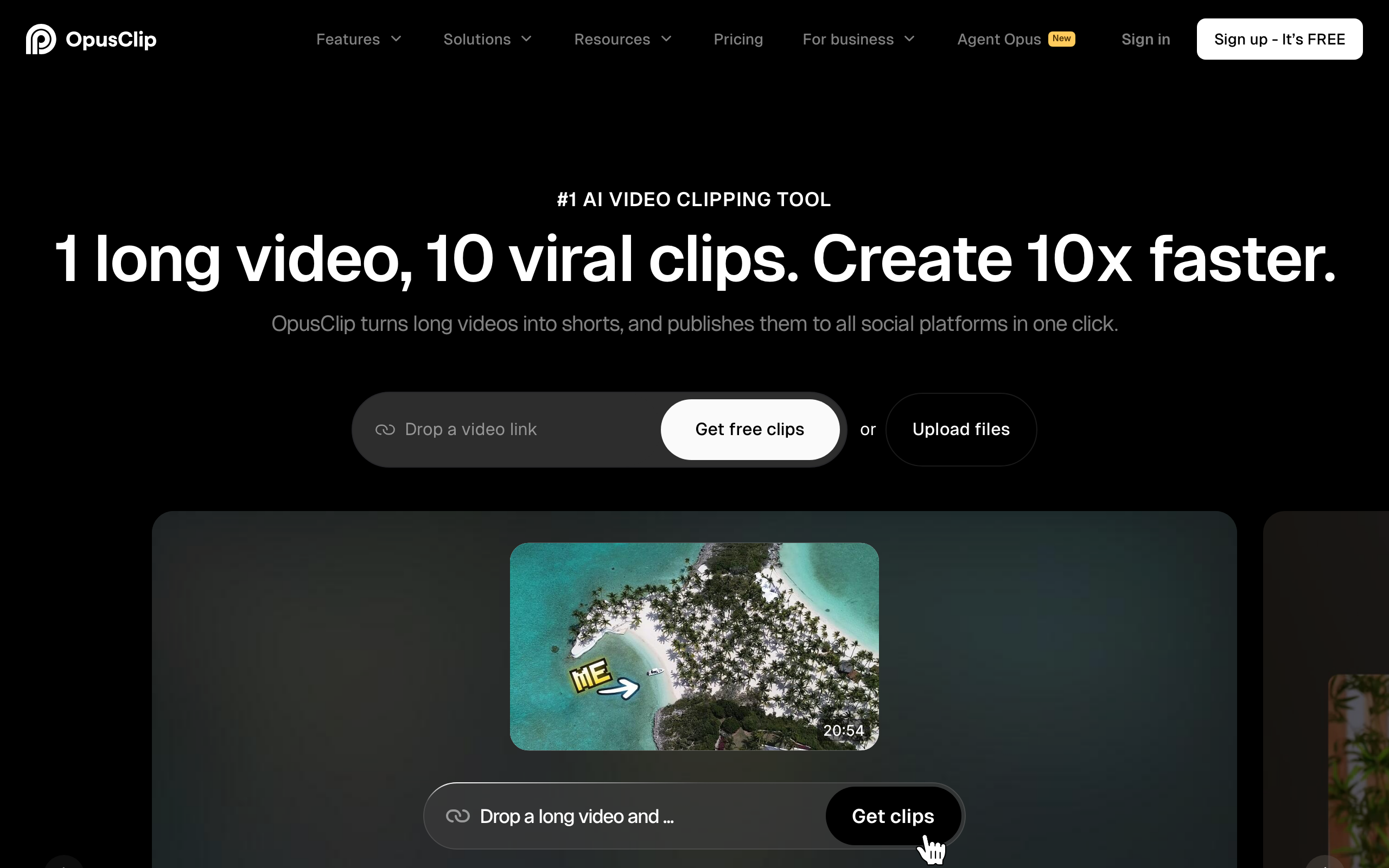 OpusClip homepage in 2026: a headline promising 10 short clips out of 1 long video, with a box to drop a video link and get free clips