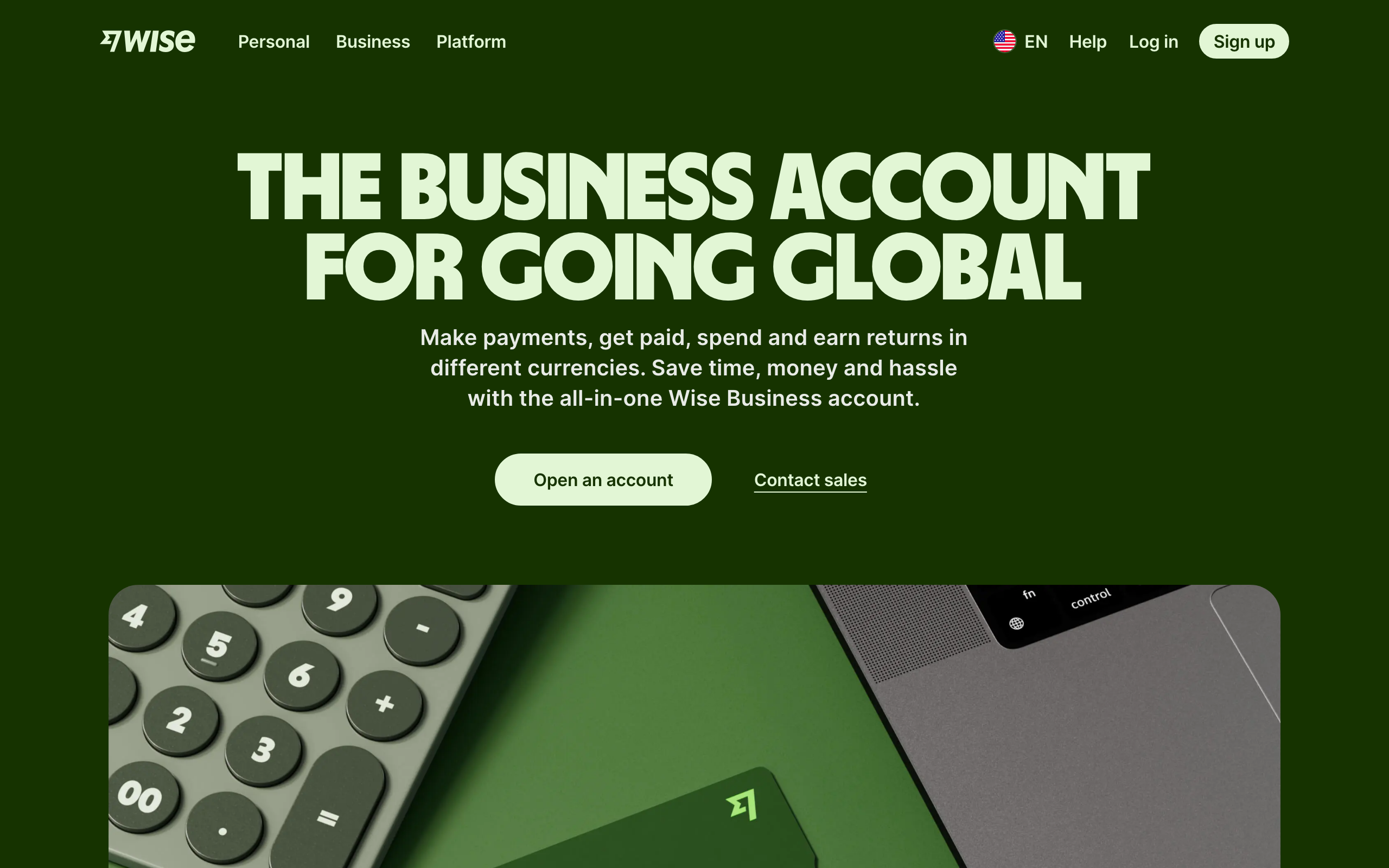 Wise Business homepage: the business account for going global, make payments and get paid in different currencies