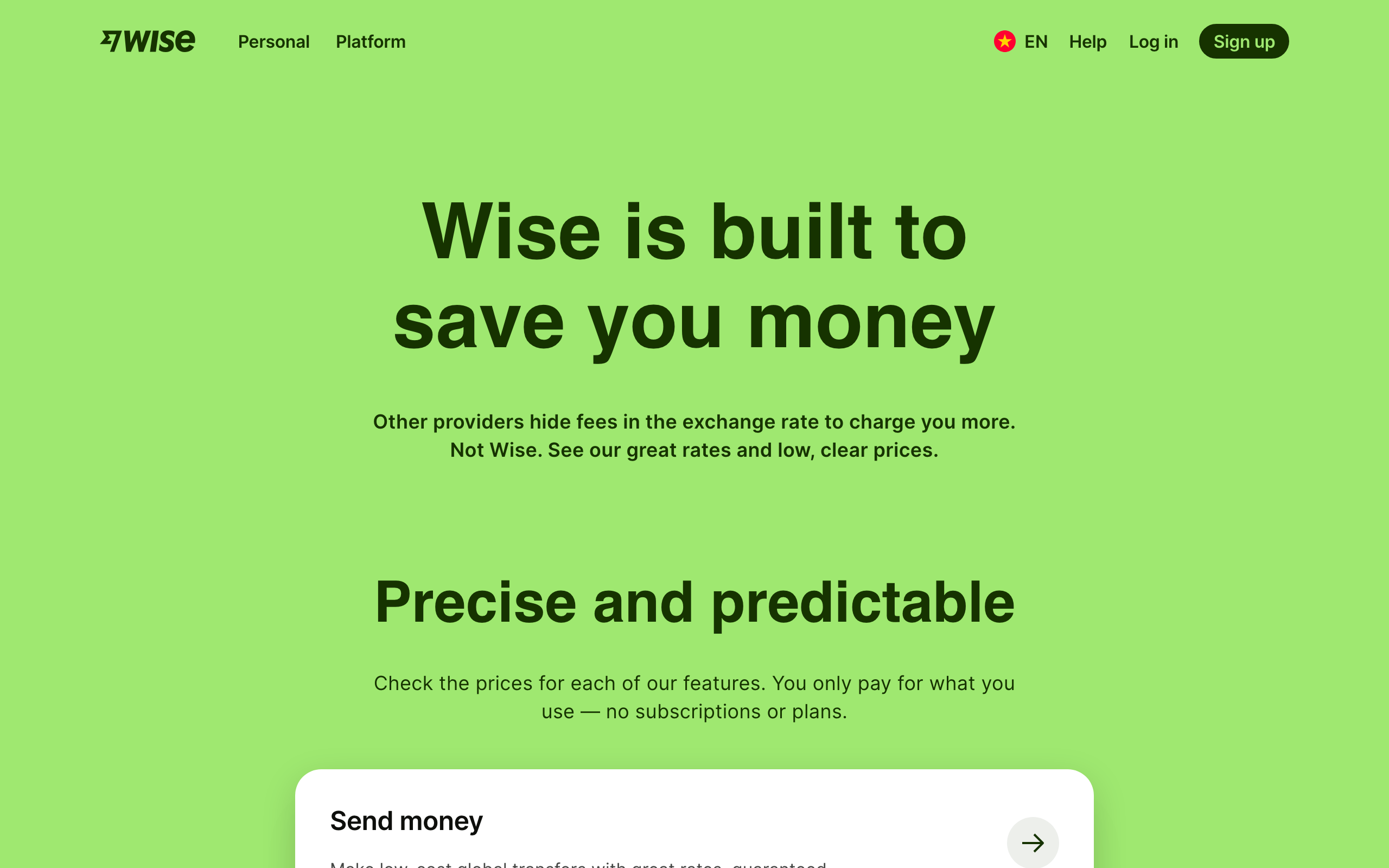 Wise pricing page explaining fees: no subscriptions or plans, pay only for what you use at the mid-market rate