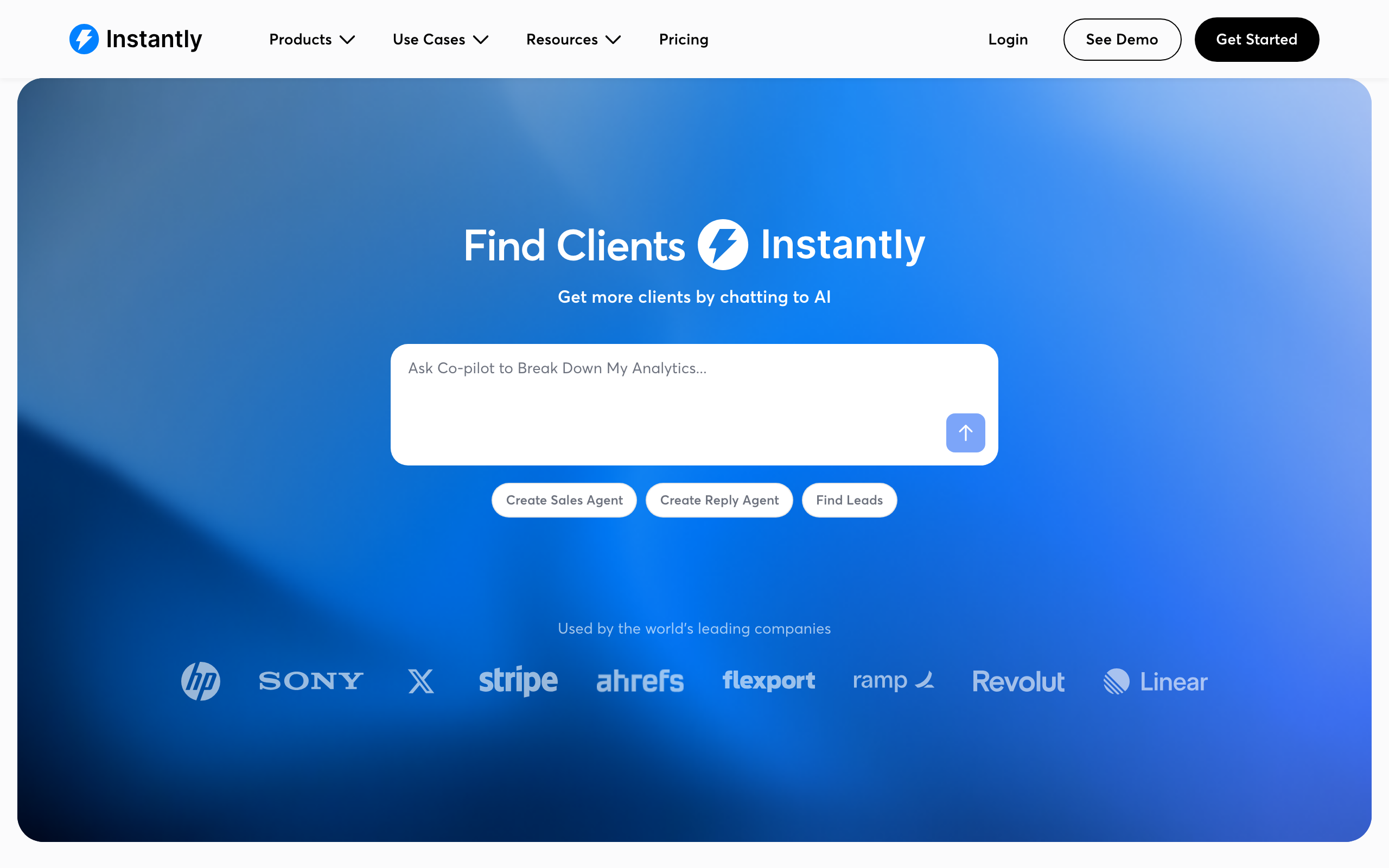 Instantly homepage in 2026: Find Clients Instantly, with a co-pilot prompt box and buttons to create a sales agent, create a reply agent, or find leads