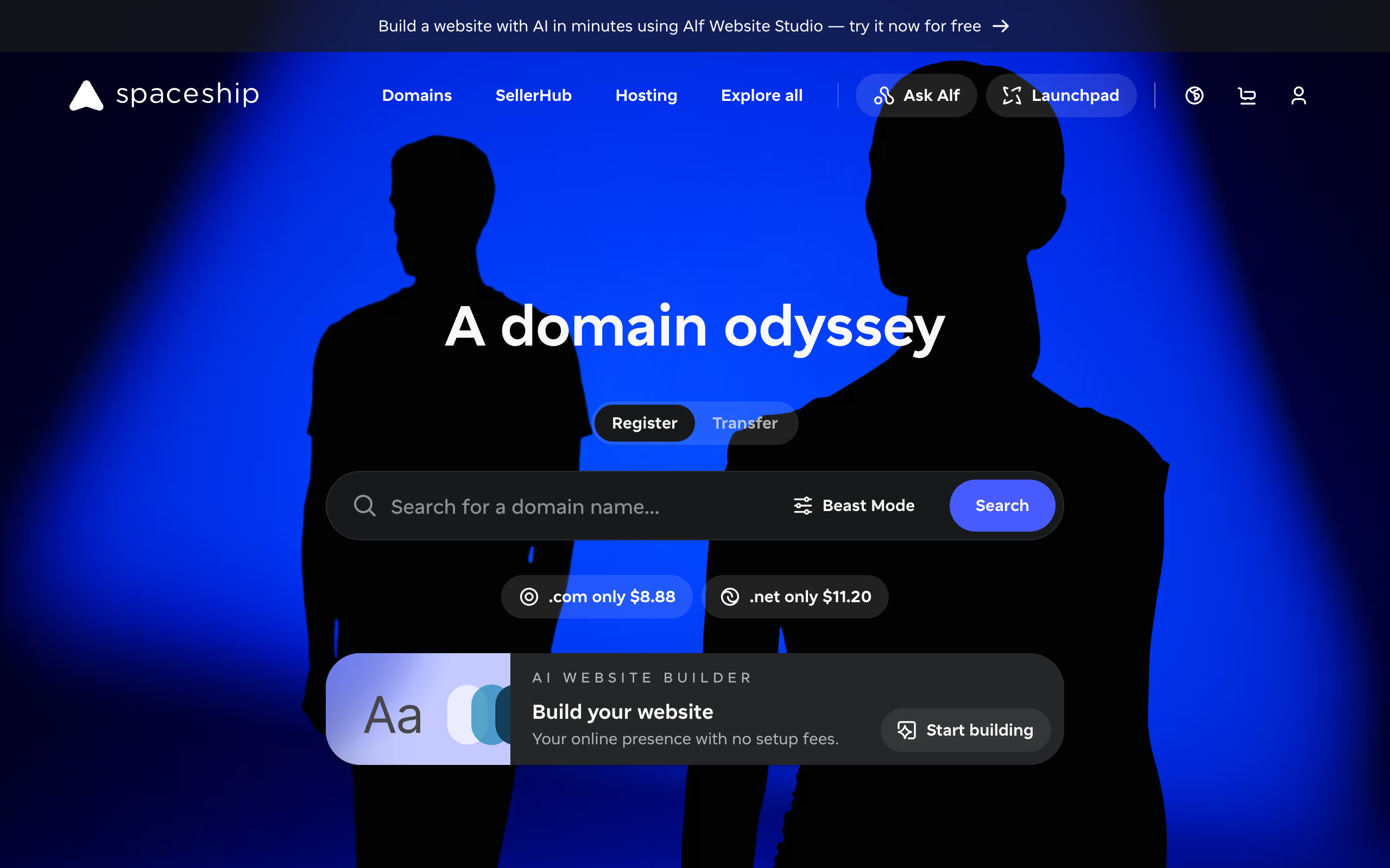 Spaceship homepage with domain search showing .com registration at $8.88