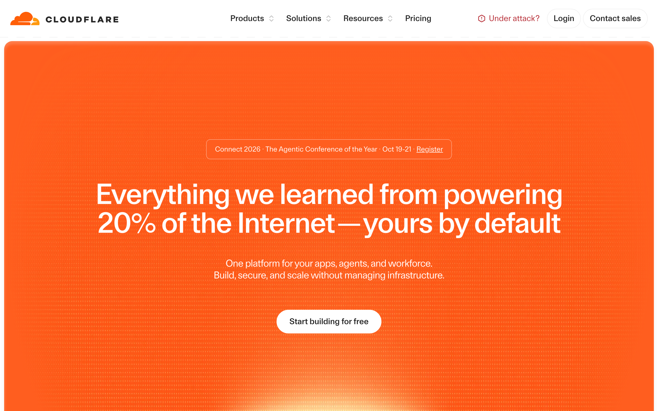 Cloudflare homepage: one platform for apps, agents, and workforce, with a free tier