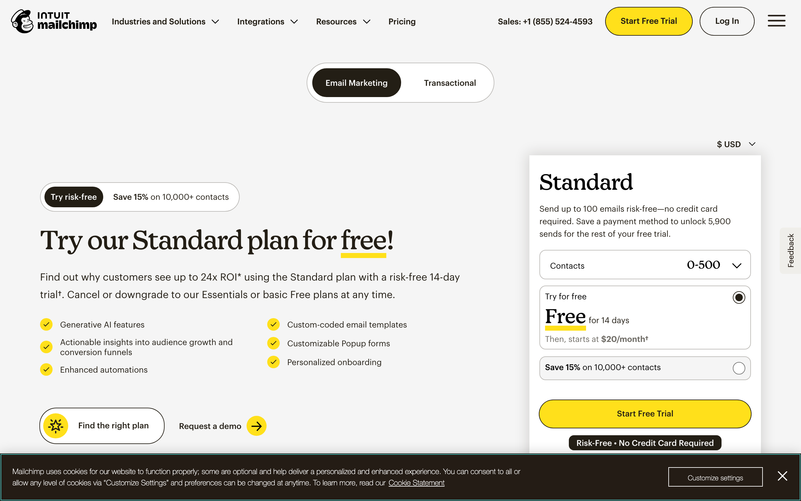 Mailchimp pricing page in 2026: Standard plan free 14-day trial then from $20 a month at 500 contacts, priced by contact count