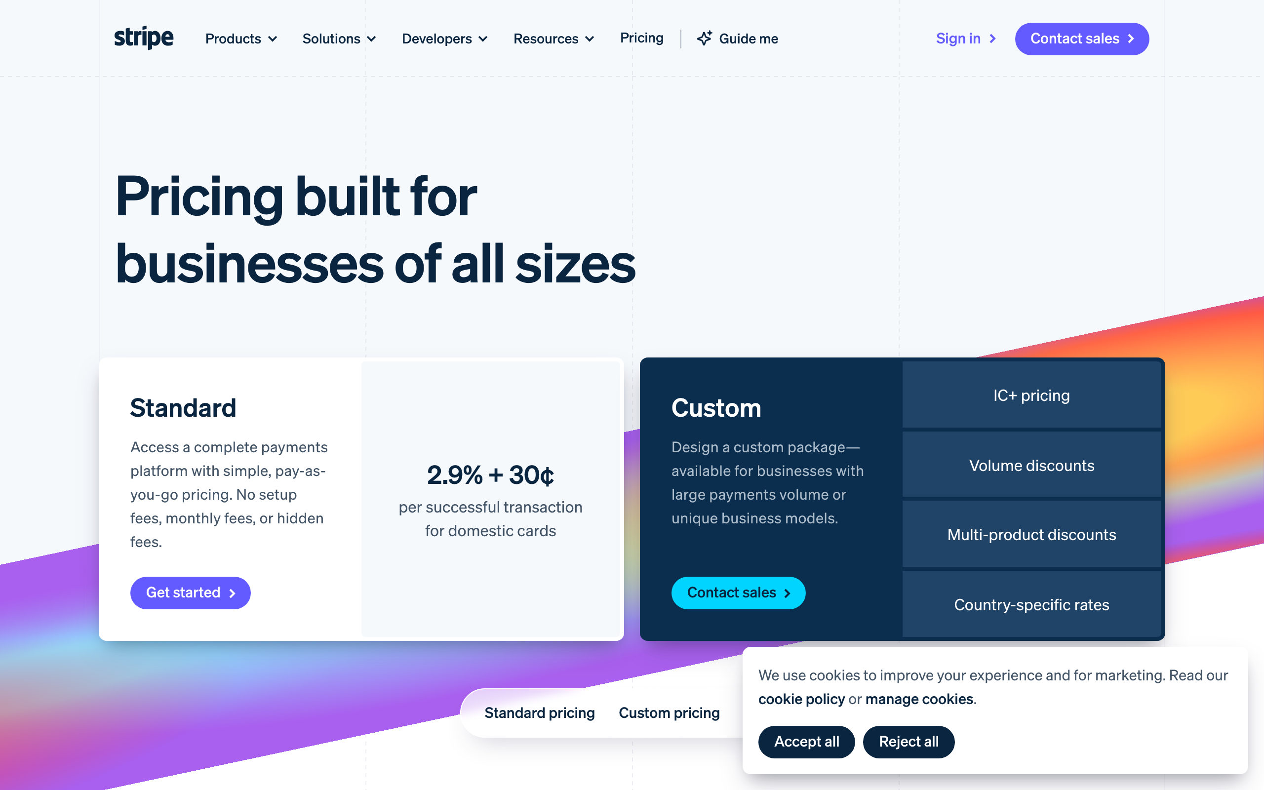 Stripe pricing page: standard 2.9 percent plus 30 cents per successful card transaction, no setup or monthly fees