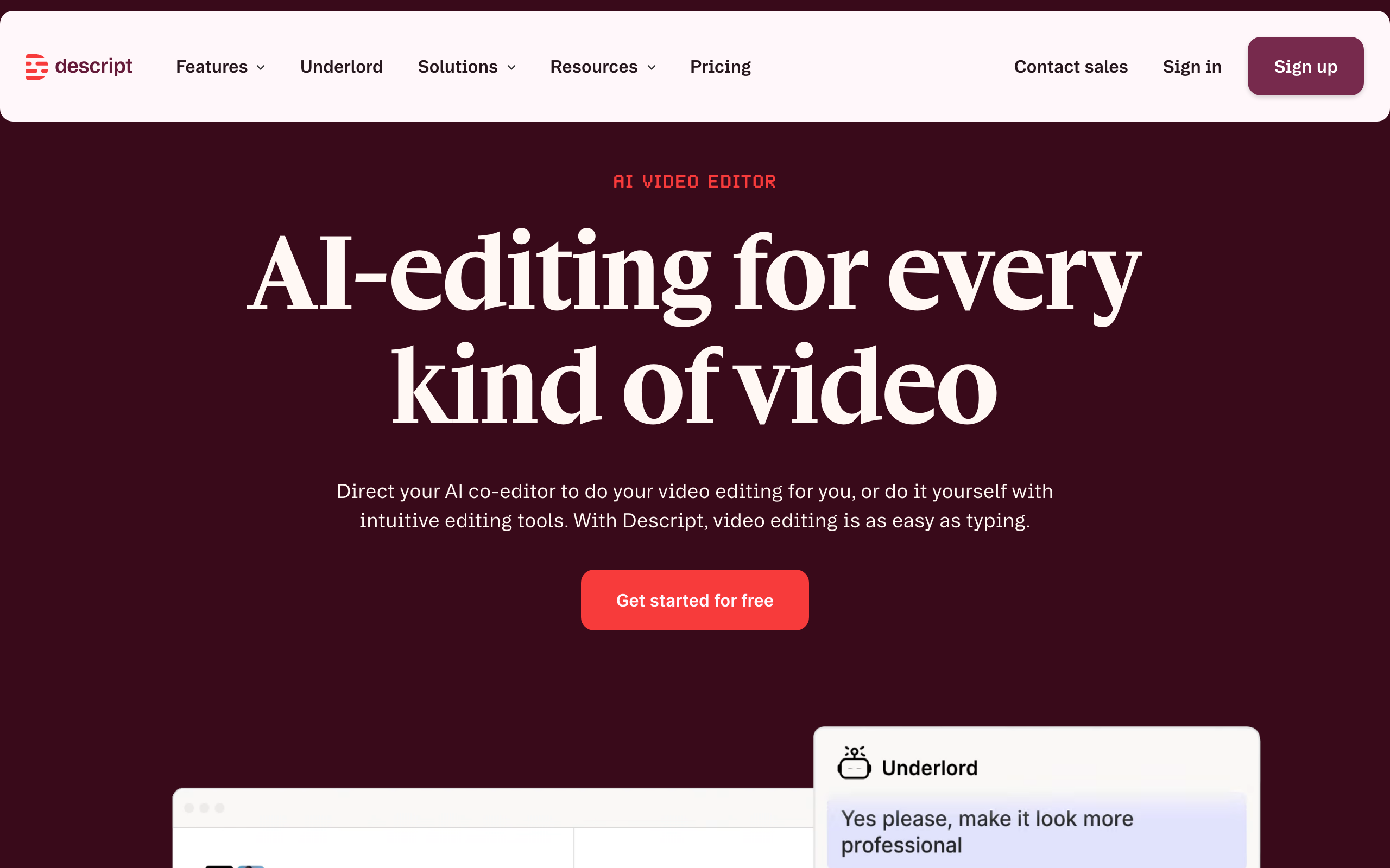 Descript homepage showing video editing by editing the transcript text