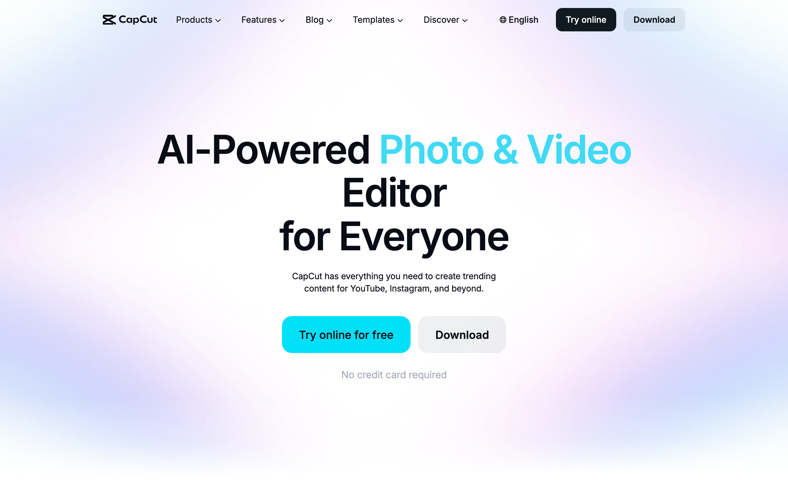 CapCut homepage showing the free short-form video editor for social clips