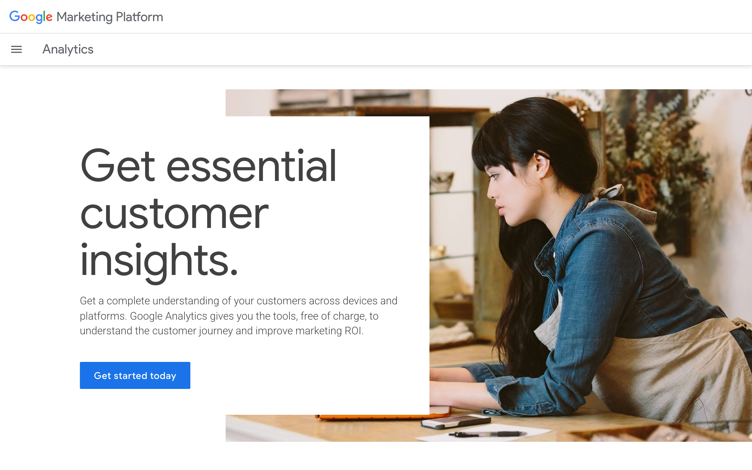 Google Analytics marketing page stating the tools are free of charge