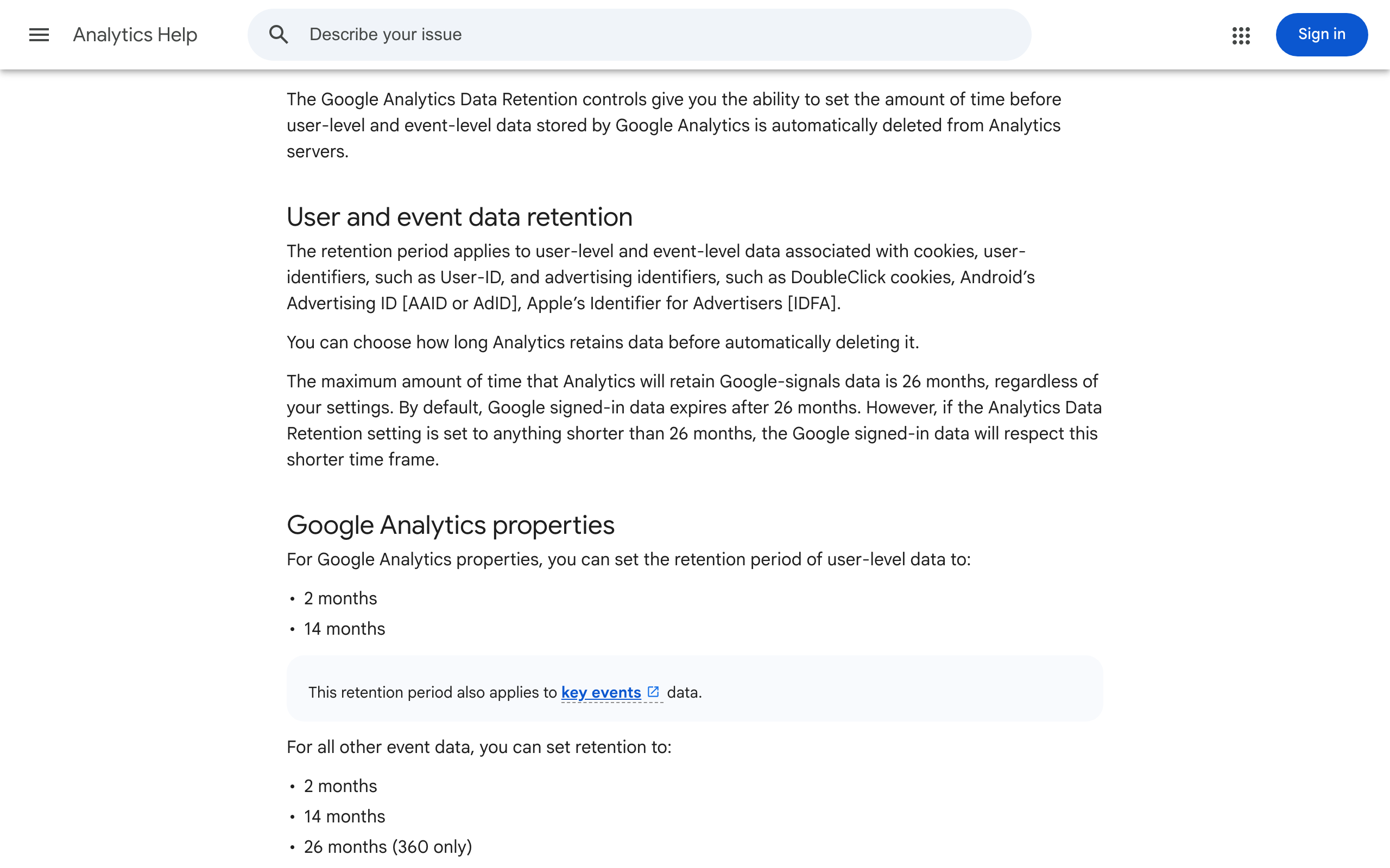 Google Analytics data retention documentation showing 2 months and 14 months as the only options for user level data