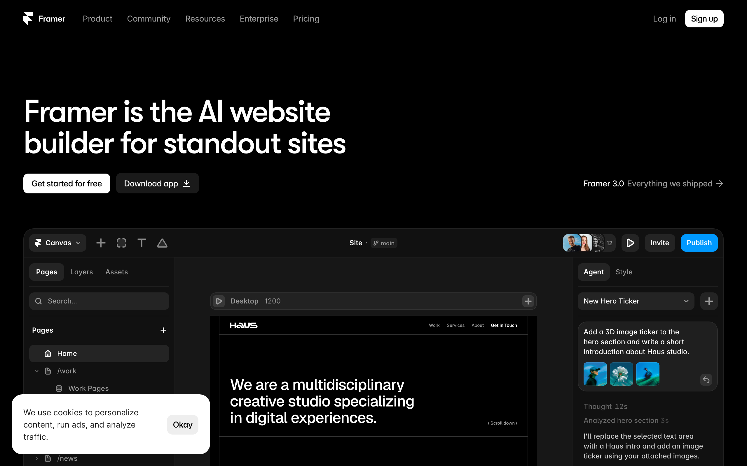 Framer homepage: the AI website builder for standout sites, showing its design canvas with an AI agent building a studio landing page