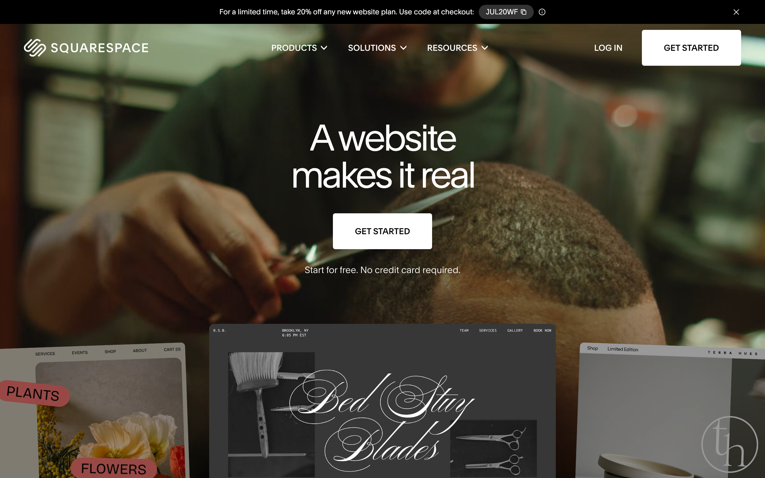 Squarespace homepage: a website makes it real, start for free, with polished template examples for a barbershop and shop
