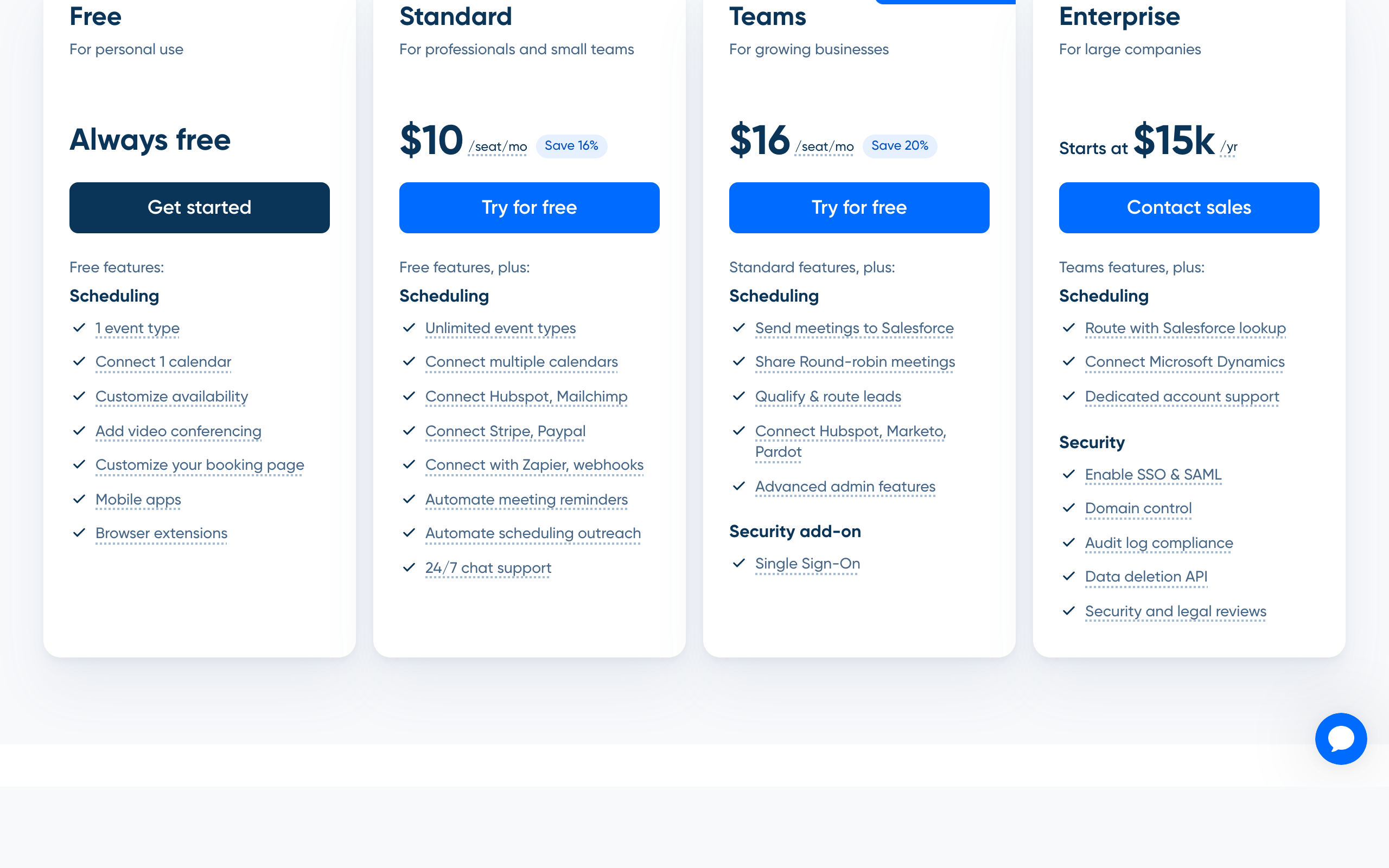 Calendly pricing in 2026: free plan limited to 1 event type, Standard at $10 per seat per month, Teams at $16