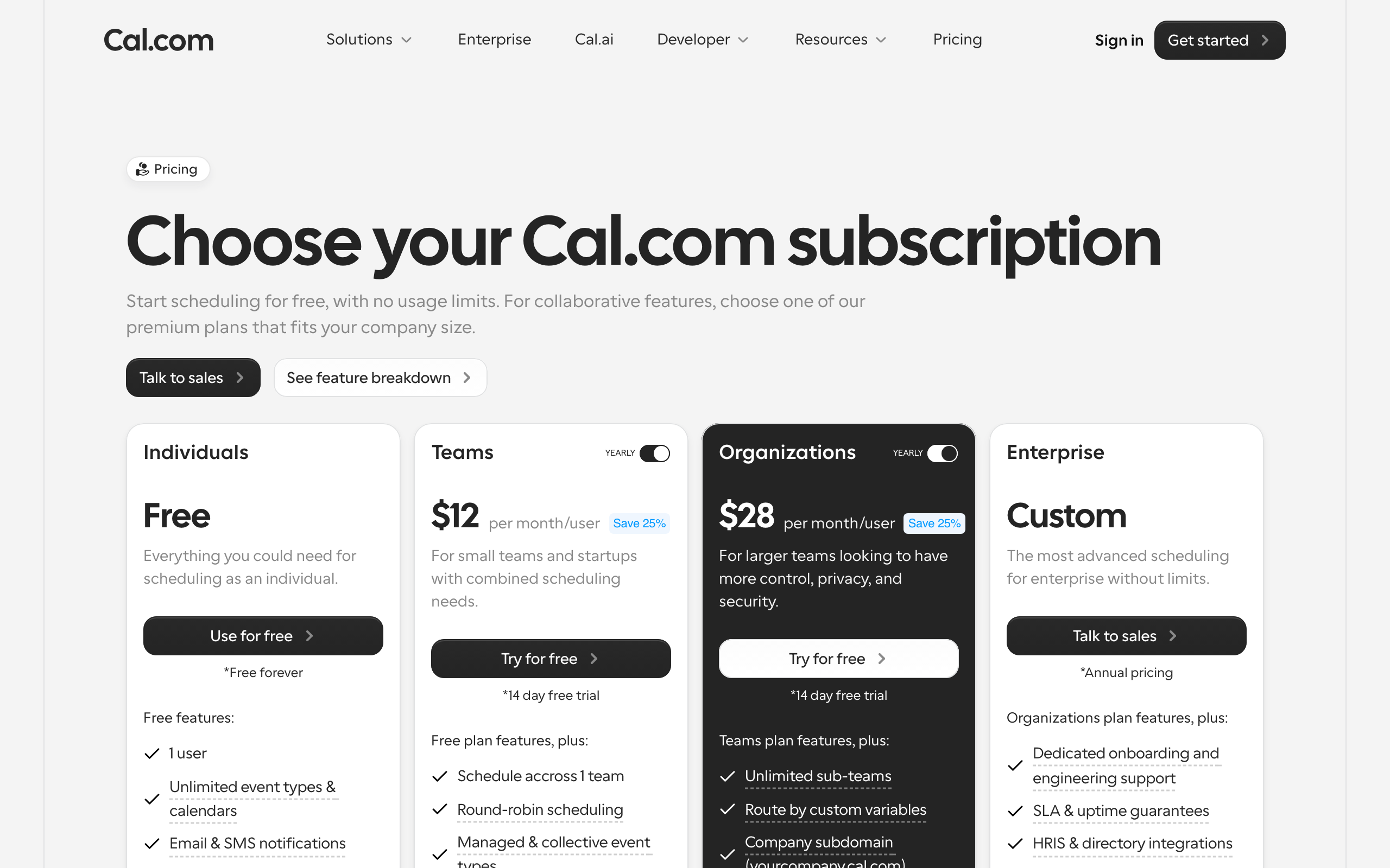 Cal.com pricing in 2026: free forever individual plan with unlimited event types, Teams at $12 per user per month