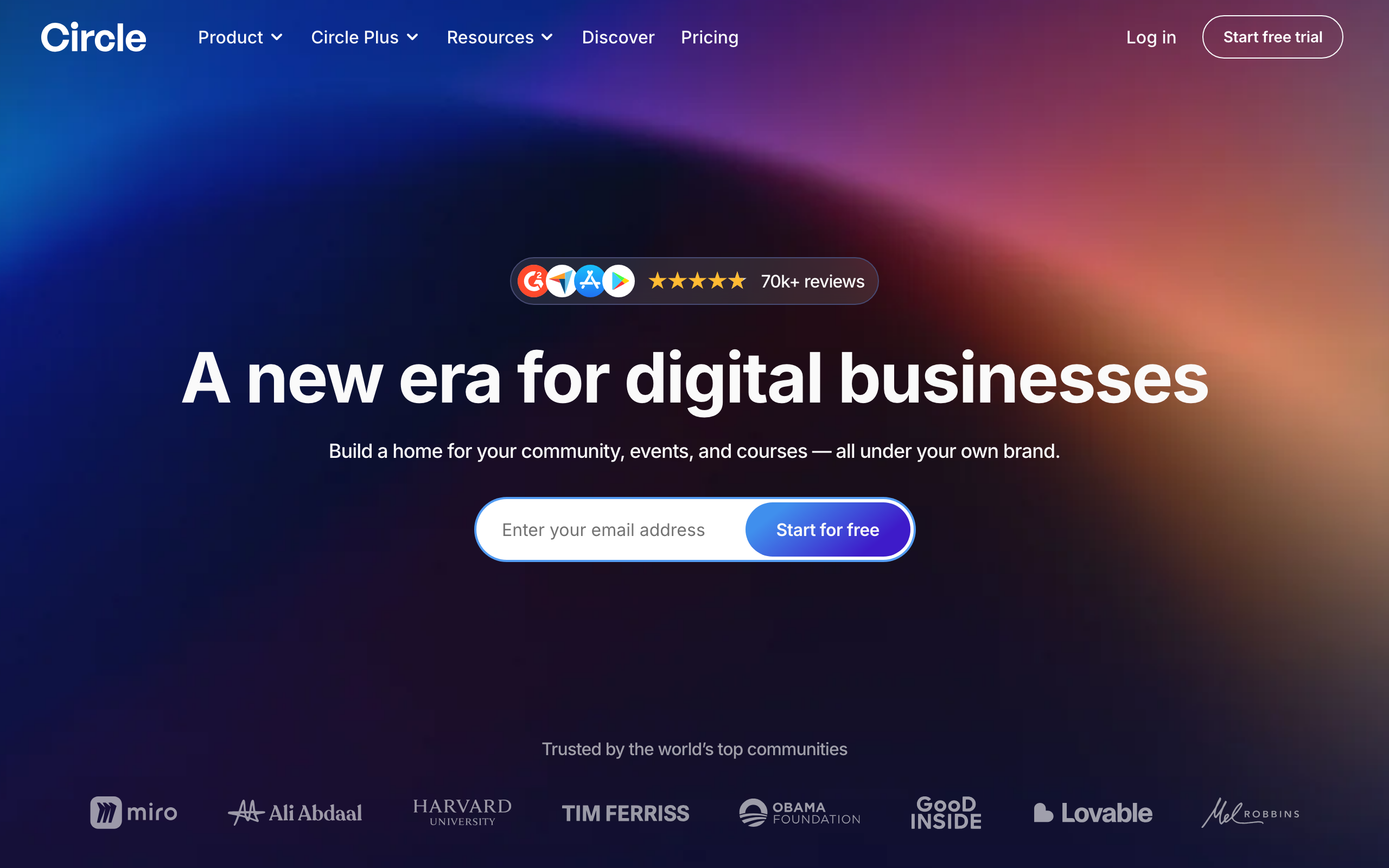 Circle homepage: build a home for your community, events, and courses under your own brand, with 70k+ reviews and brands like Harvard and Tim Ferriss
