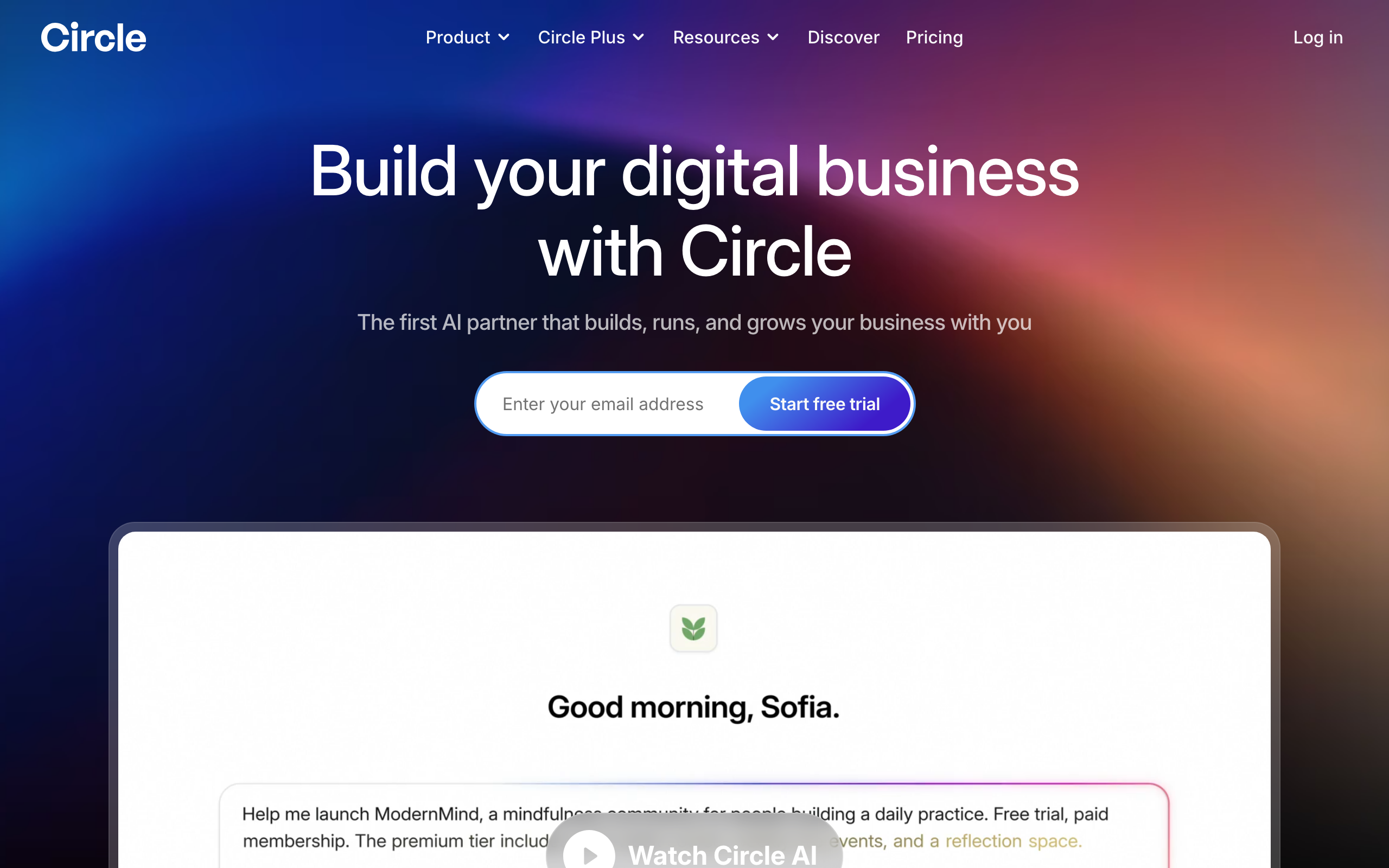 Circle AI page: the first AI partner that builds, runs, and grows your business with you, showing the AI co-pilot drafting a community launch