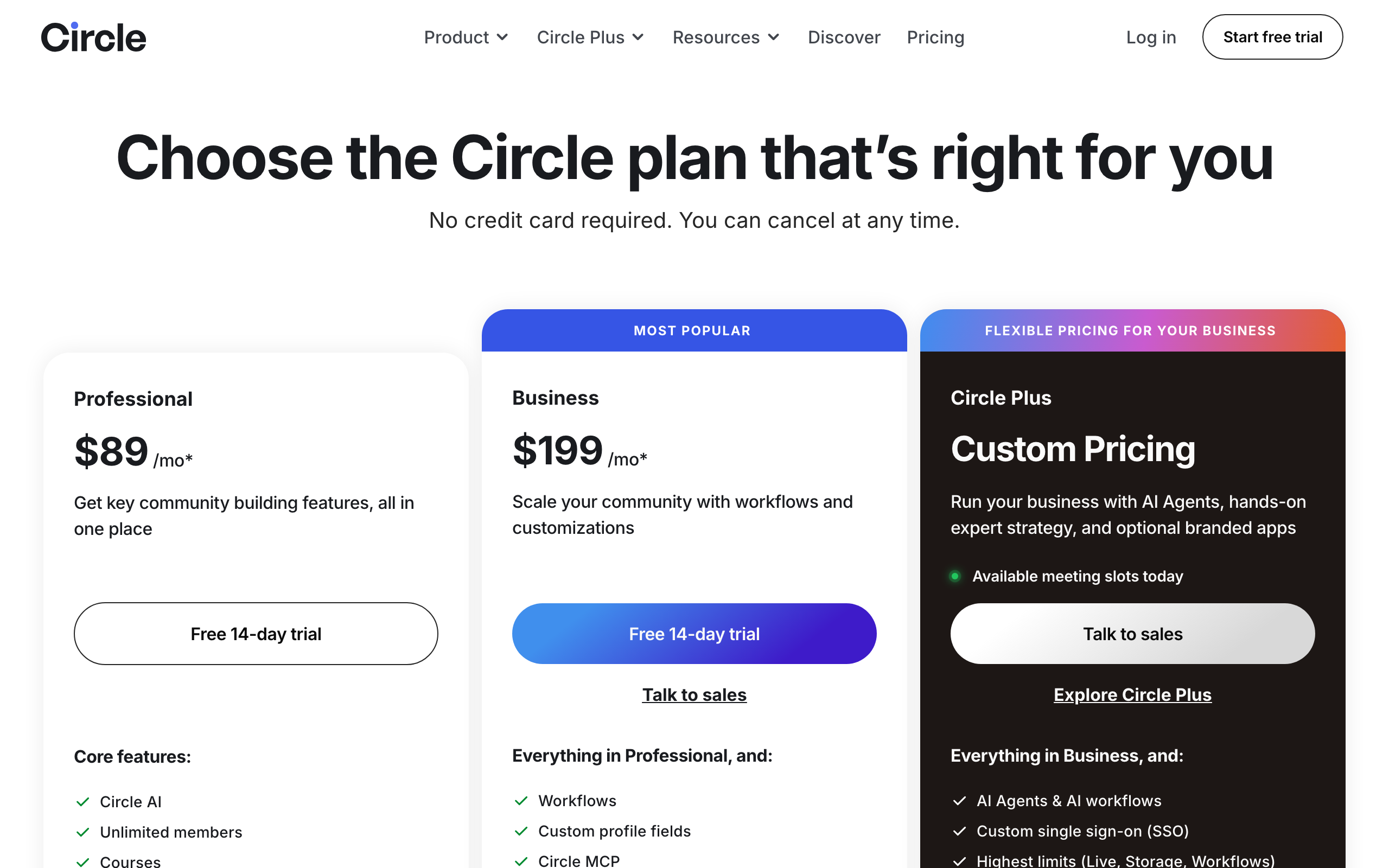 Circle pricing in August 2026: Professional at $89 a month and Business at $199 on annual billing, with Circle AI listed in the Professional core features