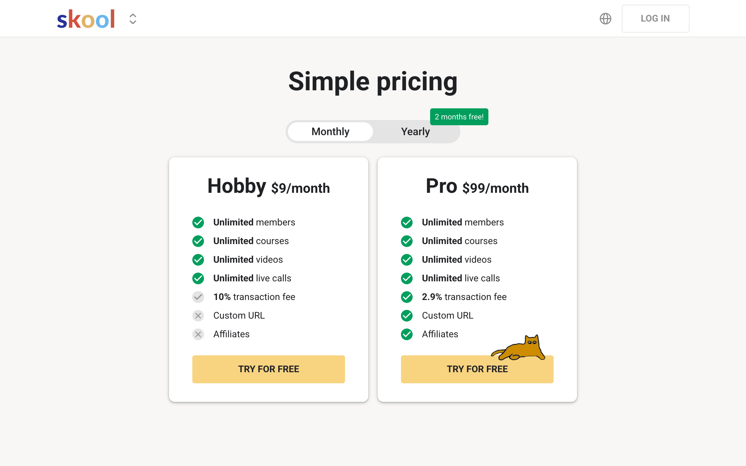Skool pricing in August 2026: the new Hobby tier at $9 a month with a 10% transaction fee, and Pro at $99 a month with a 2.9% fee