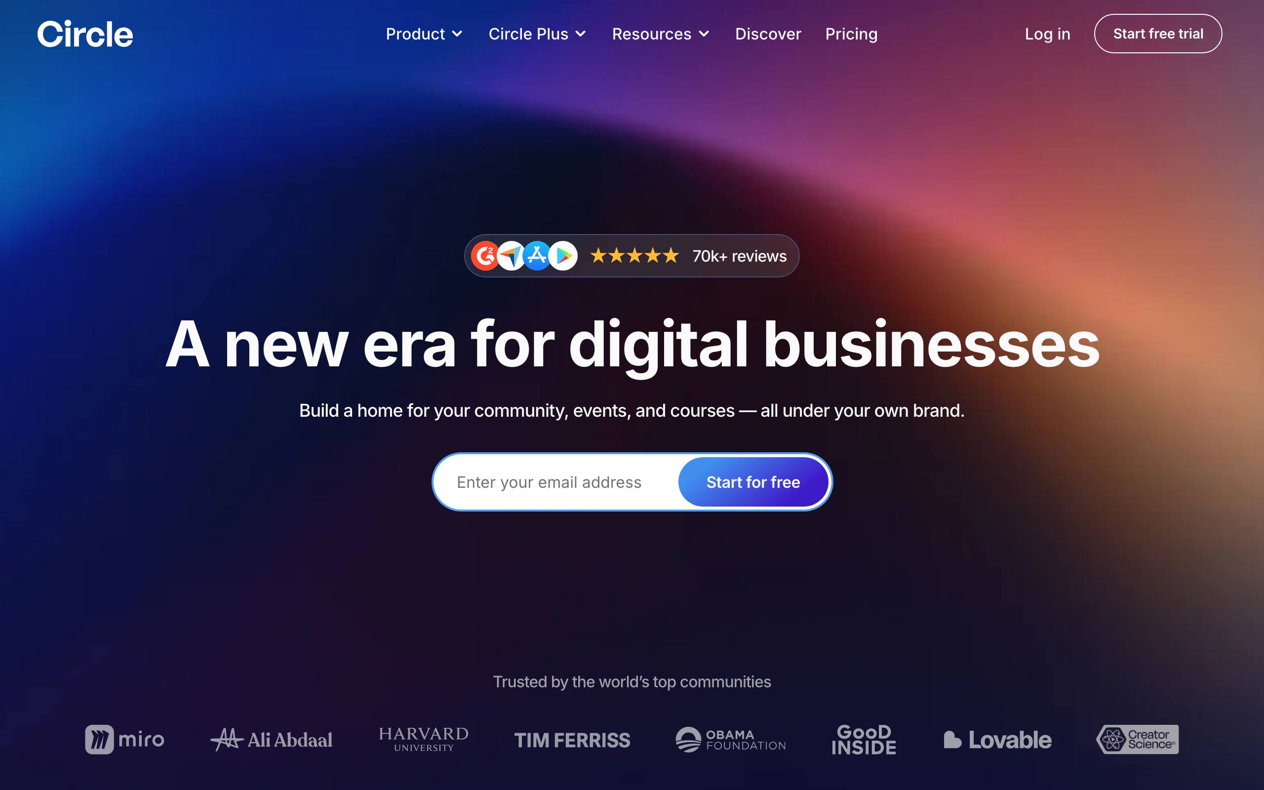 Circle homepage in 2026 pitching community, events, and courses under your own brand
