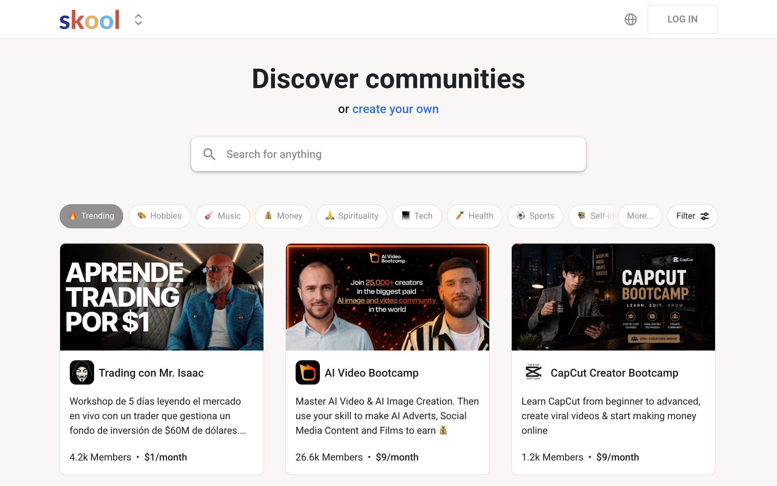 Skool's Discover feed showing paid communities like trading and CapCut bootcamps surfaced to new members at $1 to $9 a month