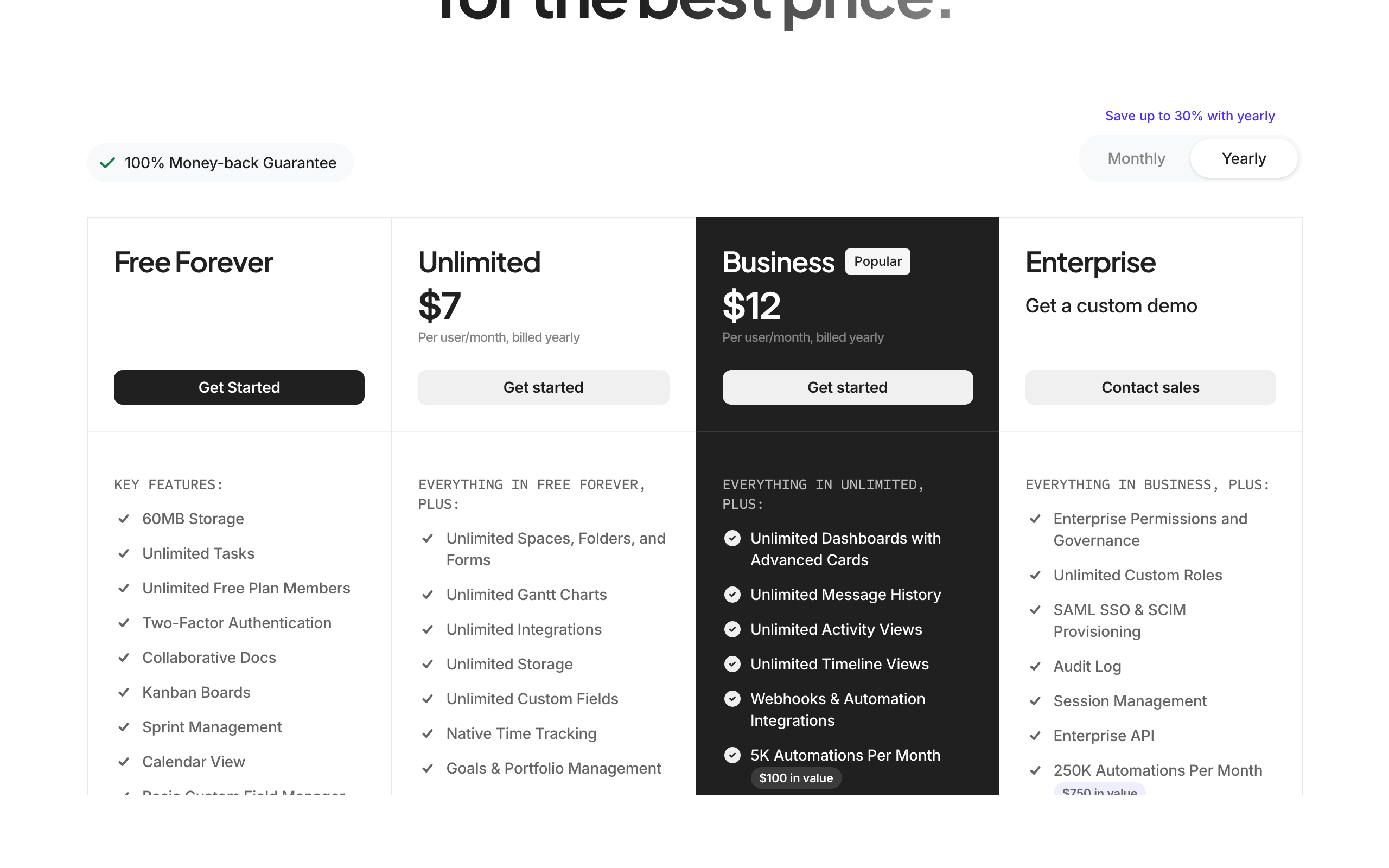 ClickUp pricing tiers in 2026: Free Forever, Unlimited at $7 per user per month, Business at $12, and Enterprise