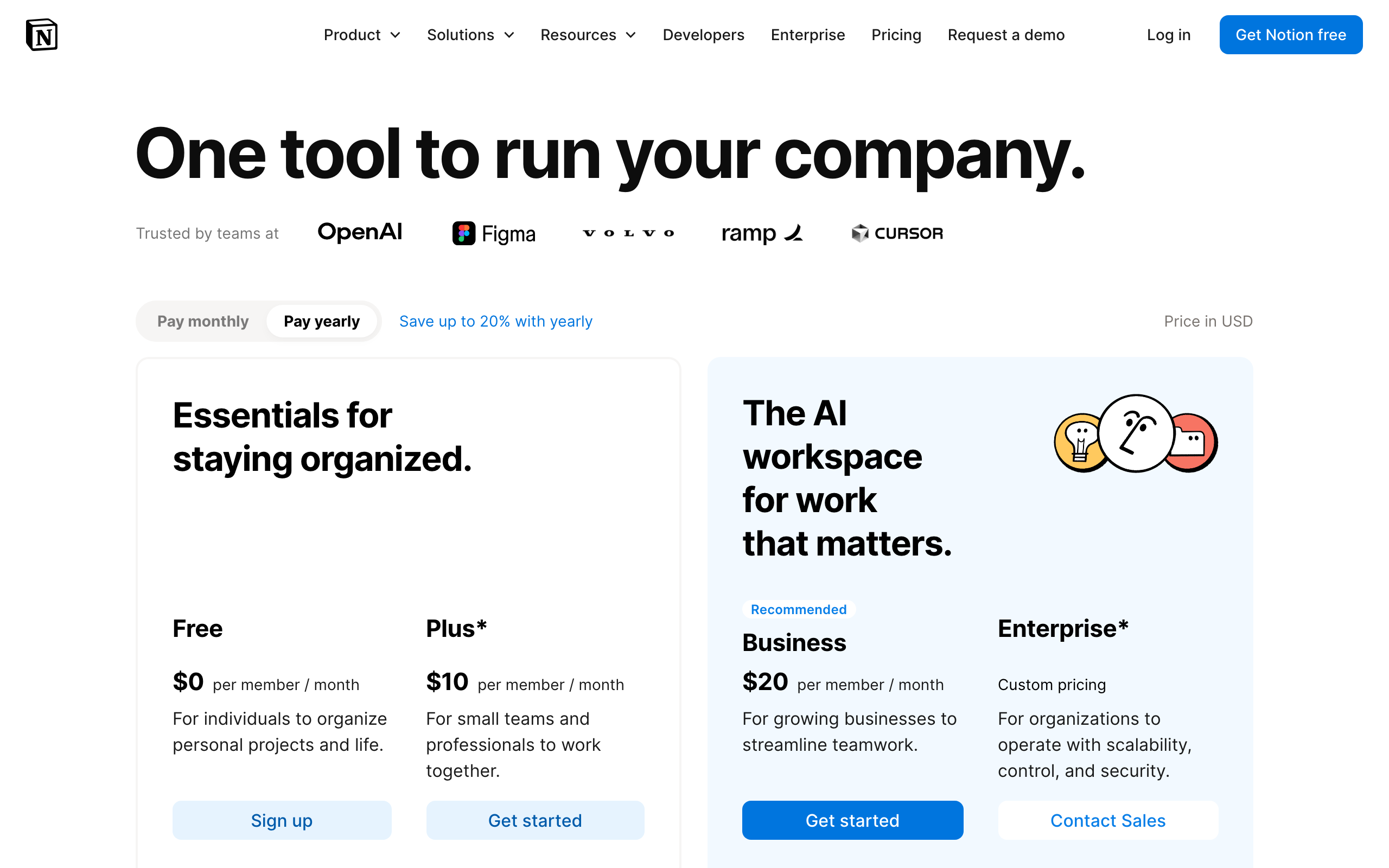 Notion pricing in 2026: Free, Plus at $10 per member per month, Business with AI at $20, and custom Enterprise