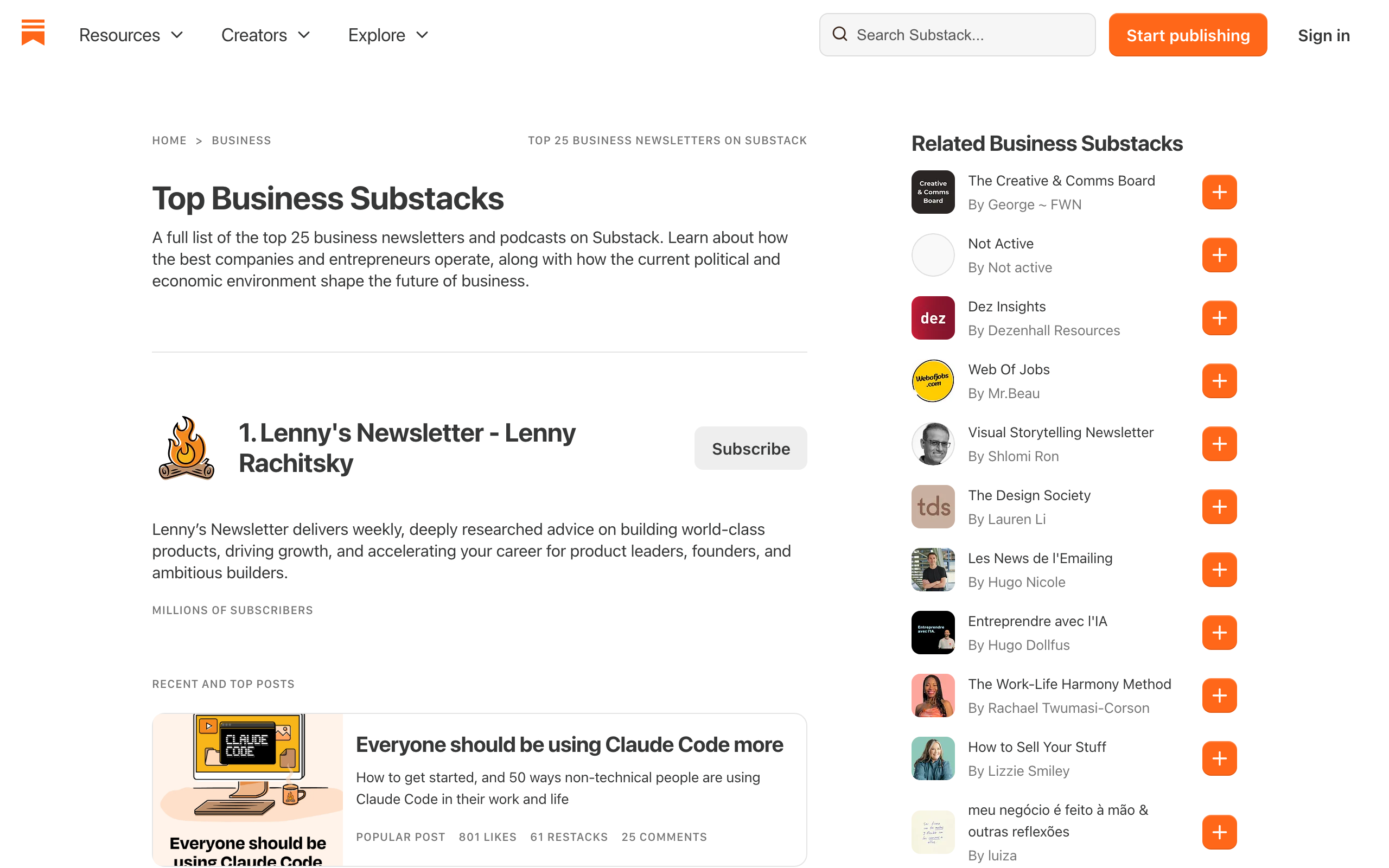 Substack's Top Business publications page, with a Related Business Substacks sidebar offering one-click subscribe buttons for other newsletters