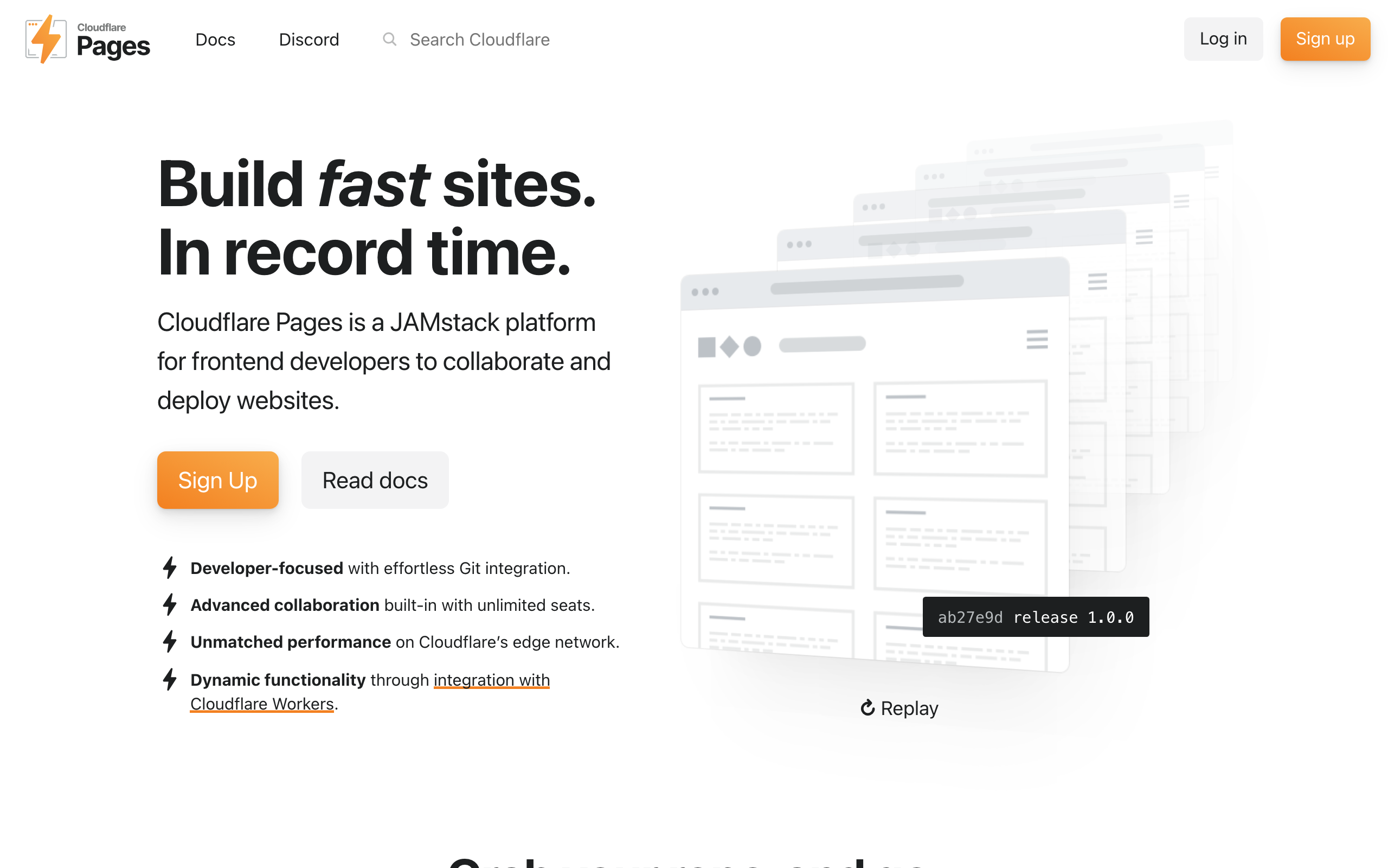 Cloudflare Pages homepage: build fast sites in record time, a JAMstack platform for frontend developers to collaborate and deploy websites