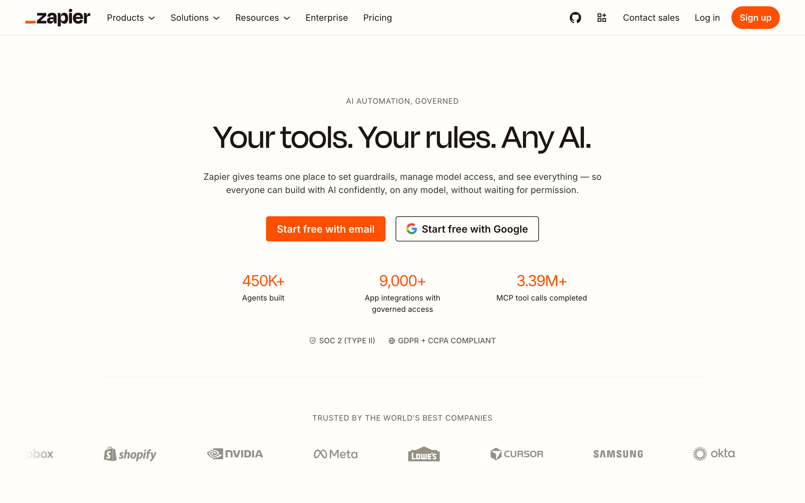 Zapier homepage pitching AI automation with 9,000 app integrations and MCP tool calls