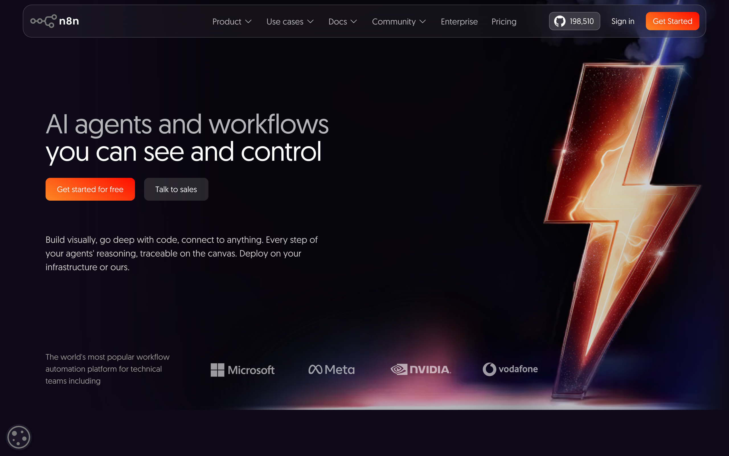 n8n homepage: AI agents and workflows you can see and control, deploy on your infrastructure or theirs